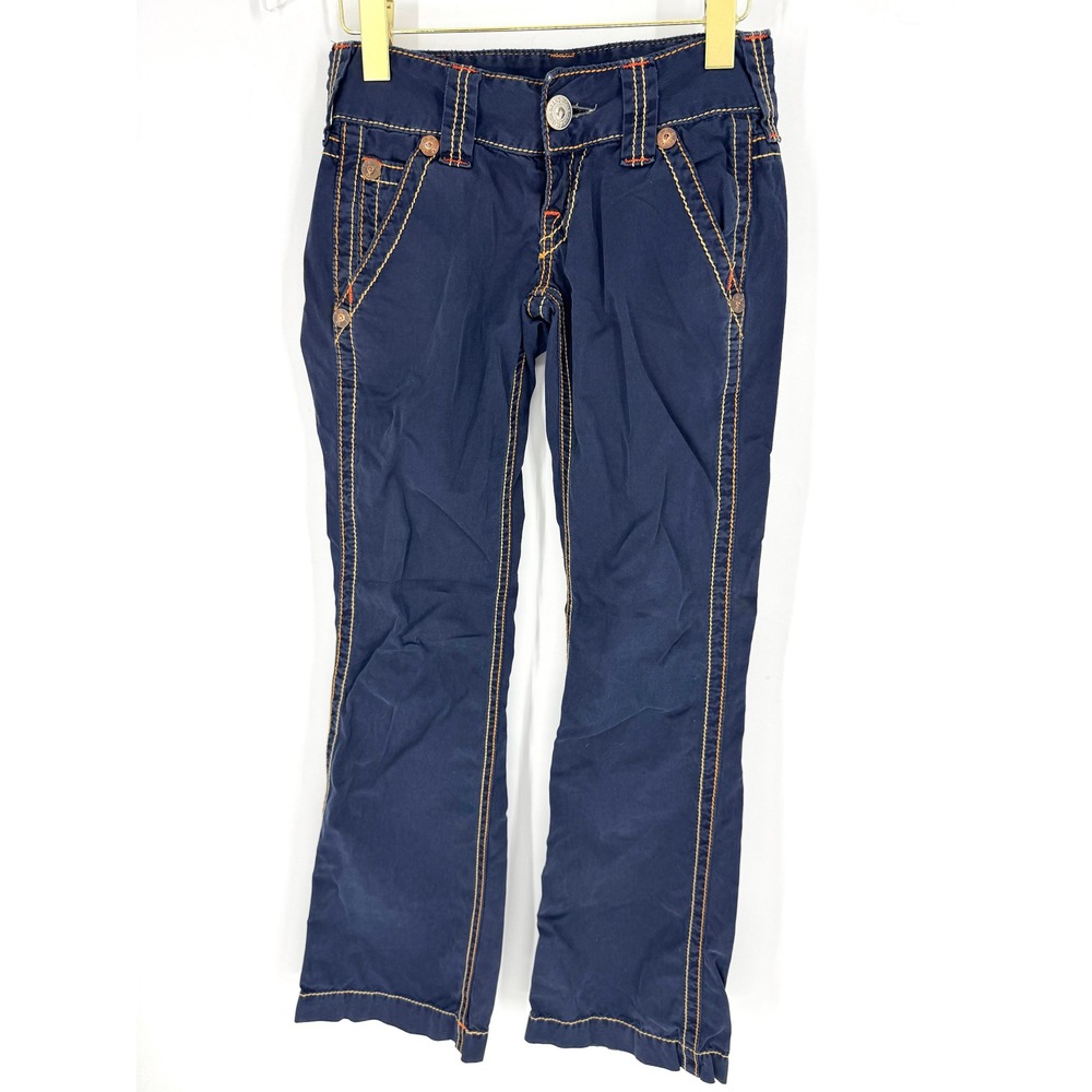 True Religion Joey Navy Blue Big T Stitch Low Rise Flare Pants 26 Made in USA